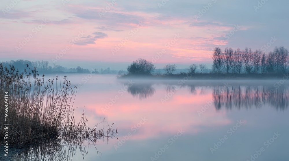 Naklejka premium Soft Fog Hovering Over Glassy Water in Spring