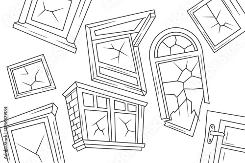 A broken window illustration with multiple cracked panes and frames