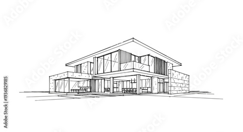 Architectural sketch of a modern two-story house with large windows and a flat roof design.