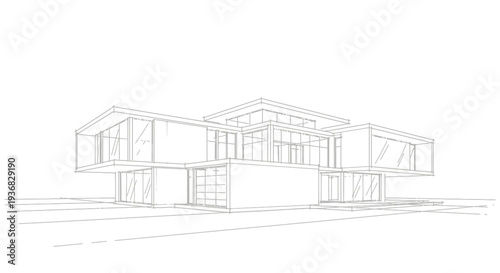 Architectural line drawing of a modern, multi-level house with large windows and a contemporary design.