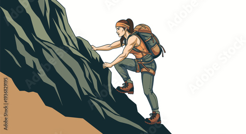Climber Ascending Steep Rocky Mountain Slope.