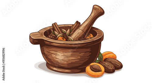 Mortar and Pestle with Spices Inside.