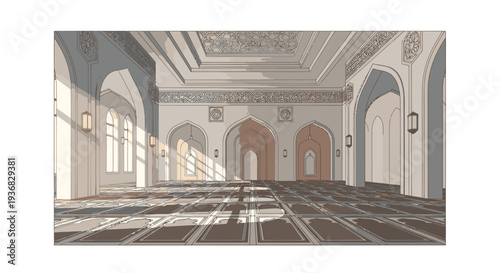 Ornate Mosque Interior with Archways and Carpets.