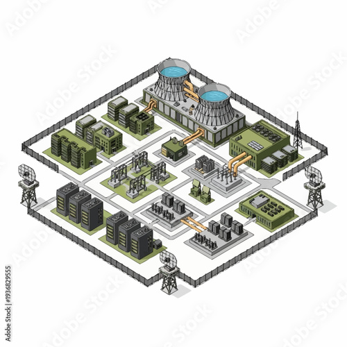 Isometric illustration of a futuristic nuclear power plant with robotic guards.