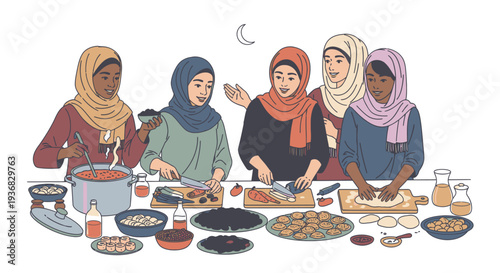 Women Wearing Headscarves Preparing Food Together.