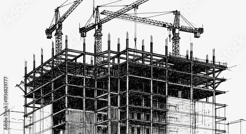 Detailed black and white sketch of a multi-story building under construction with multiple cranes, showcasing the steel framework.