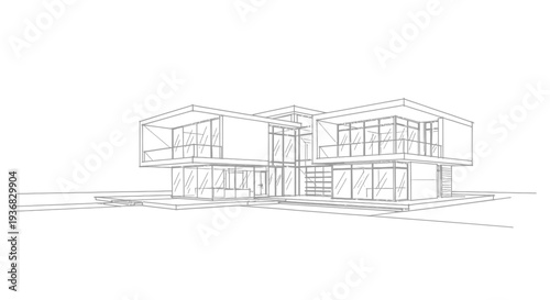 Architectural line drawing of a modern minimalist house with large windows and flat roof.