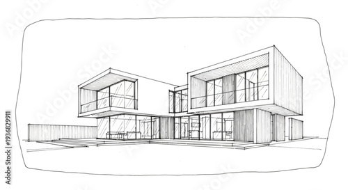 Architectural sketch of a modern minimalist house with large windows and flat roofs, showcasing contemporary design.