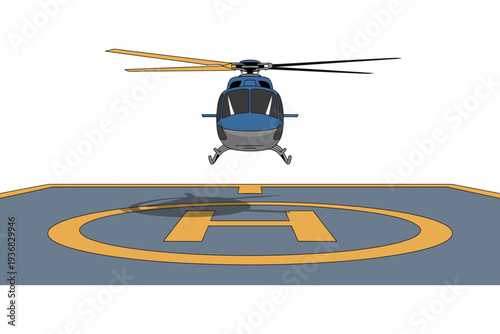 A blue helicopter hovering above a helipad with a yellow H