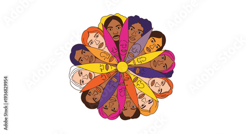Diverse Faces in Flower Pattern Illustration.