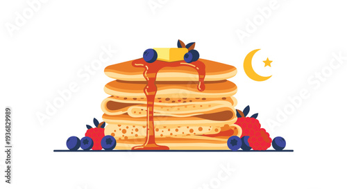 Stack of Pancakes with Syrup and Fruit.