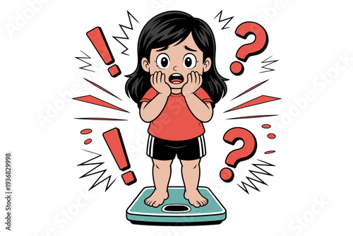 A shocked little girl standing on a scale with question marks