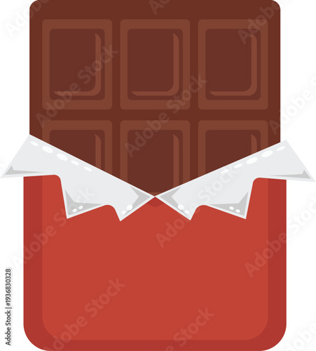Flat vector illustration of a dark chocolate bar partially unwrapped in a vibrant red foil and silver paper packaging.