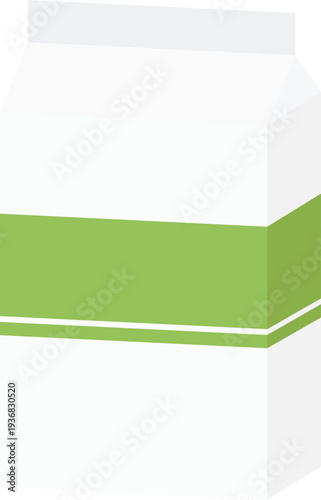 Vector illustration of a white milk carton with a simple green label, perfect for representing organic dairy products, plant-based milk alternatives like soy or almond milk, and grocery icons