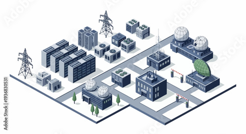 Isometric illustration of an industrial complex with buildings and infrastructure.