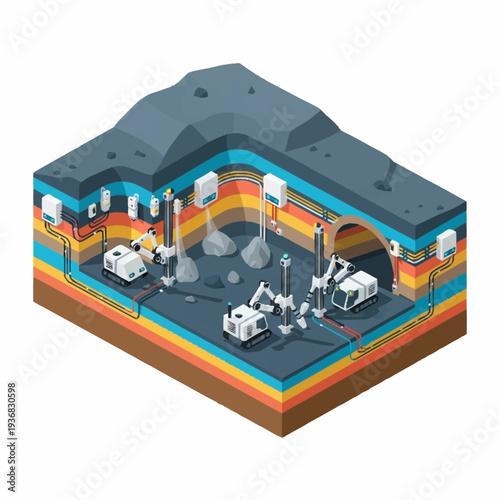 Isometric Underground Mine Cross Section with Mining Equipment.