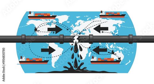 Global oil pipeline rupture causing supply chain disruption and environmental spill, impacting international trade routes and cargo shipping.