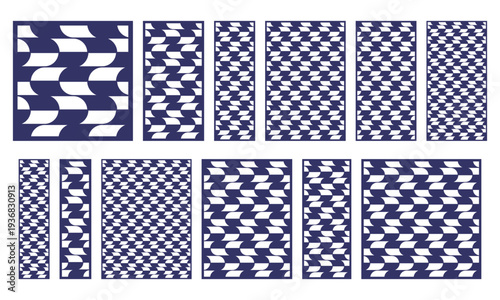 Set of abstract laser cut panels with flowing geometric pattern. Decorative vector templates for CNC cutting, wood carving, metal decorative screens, wall panels and modern room divider designs.