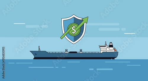A large cargo ship sailing on the ocean with a shield icon showing a dollar sign and an upward arrow, symbolizing financial security and growth in maritime transport.
