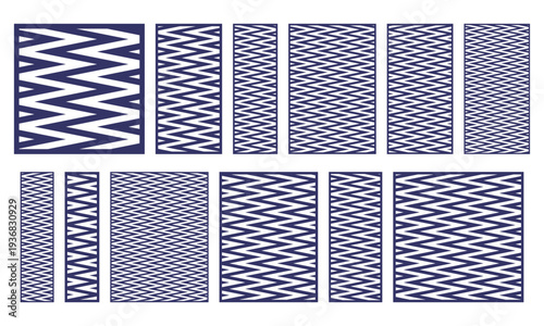 Set of rectangular laser cut panels with zigzag line pattern. Decorative vector templates for CNC cutting, wood carving, metal screens, wall panels, room dividers and geometric design projects.