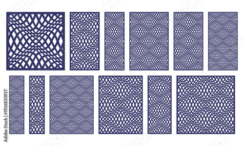 Set of decorative laser cut panels with curved wave lattice pattern. Vector templates for CNC cutting, wood carving, metal decorative screens, wall panels, partitions and abstract geometric designs.