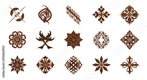 Collection of intricate brown ornamental patterns and motifs, isolated on white
