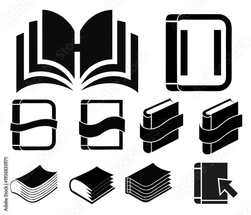 A set of black and white icons representing open books, closed books with bookmarks