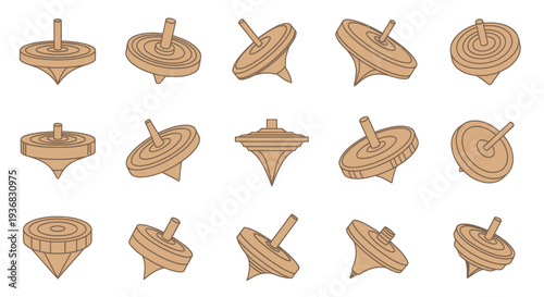 Collection of Wooden Spinning Tops in Various Rotational Angles