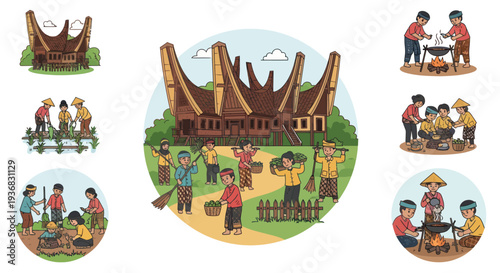 Indonesian Village Life: Traditional Houses, Community Work, and Children's Activities