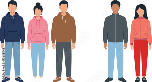Casual people characters wearing hoodies and jackets, diverse men and women standing collection for fashion illustration, lifestyle design and character set