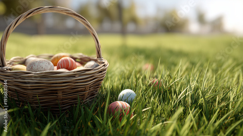 Osternest mit bunten Ostereiern im Gras unter Frühlingshimmel. Symbolisches Motiv für Ostern, Eiersuche, Osterhase und Familienfeier im Freien mit viel Copyspace.