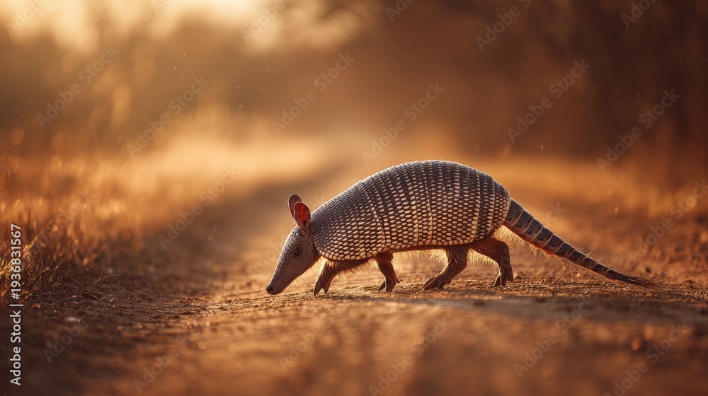 Obraz premium Armadillo in profile walks dusty road under golden evening light