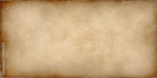 A blank vintage parchment with a grungy brown texture lies on an aged antique wood pattern, featuring a stained sepia design and worn retro canvas feel