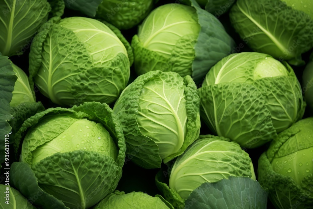 Fototapeta premium Close up view of fresh green cabbage heads with water droplets creating a natural pattern
