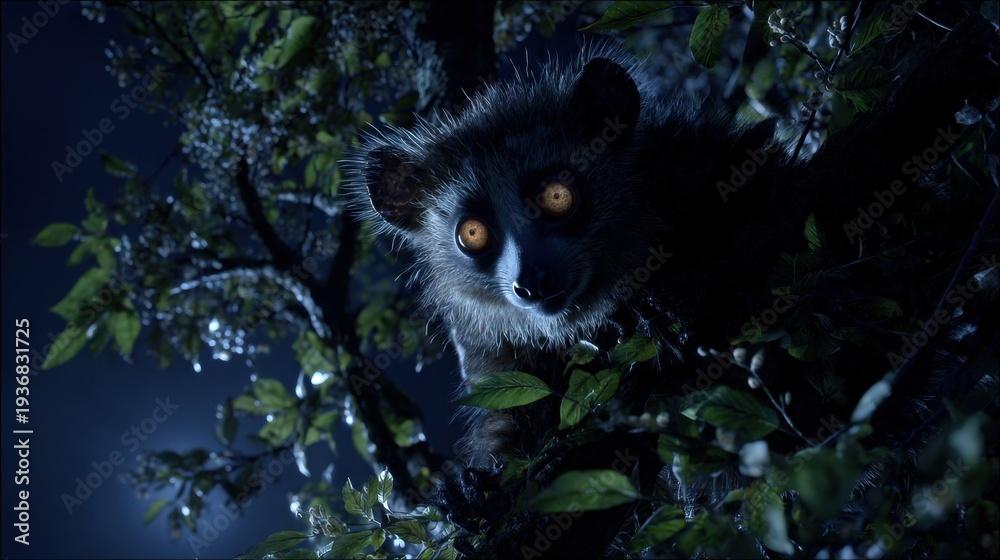 Fototapeta premium Nocturnal creature with glowing golden eyes on dark branch