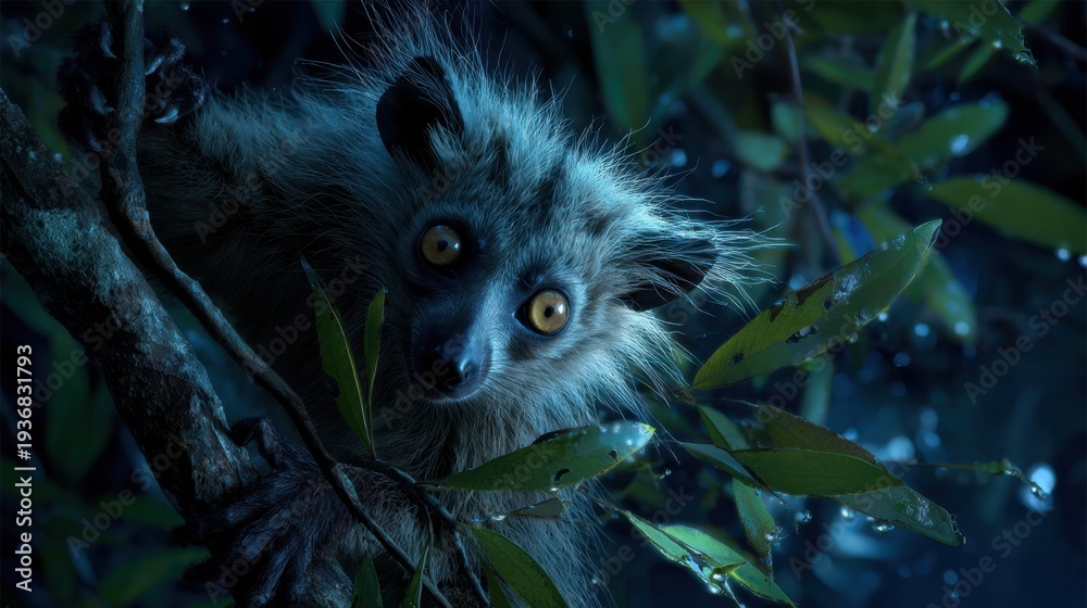 Fototapeta premium Aye-aye lemur peering from tree branch in dim forest