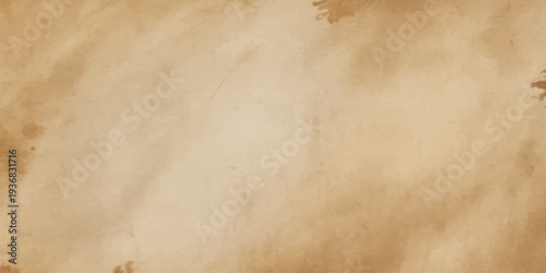 A blank vintage parchment sheet with a worn brown grunge texture and stained antique paper pattern creates an aged beige background for retro book page designs