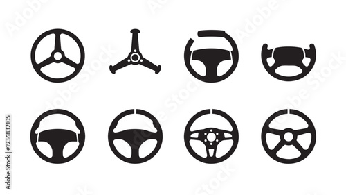 Steering wheels in a set of eight different black silhouette icons representing various car and racing designs.