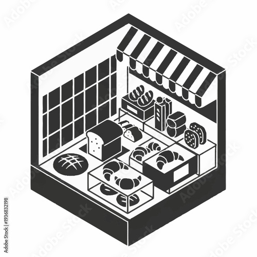 Isometric illustration of a bakery shop with various pastries and bread.