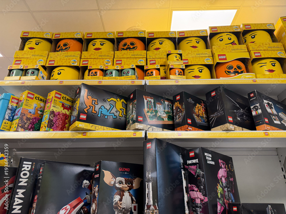 Fototapeta premium Lego display with minifigure head storage buckets