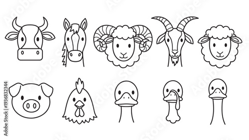 Farm animal heads set with simple outline drawings of cow, horse, ram, goat, sheep, pig, chicken, duck, and turkey icons.