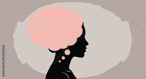 Black Woman Silhouette Profile with Pink Cloud Afro Hairstyle and Emerging Thoughts