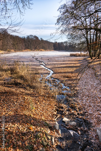 Narrow inlet channel flowing into the castle pond in Machern Castle Park, Saxony, Germany. Winter scene with frozen water, icy banks and low water level in the pond.