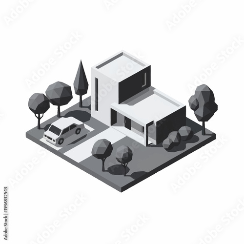 Modern House with Car in the Driveway Isometric Illustration.