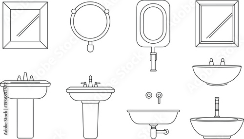 Bathroom sink and mirror collection set, modern wash basin fixtures with vanity and wall mirror designs for interior design and architectural planning