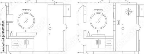 Modern bathroom interior floor plan with sink vanity, mirror and shower layout, architectural top view blueprint for residential washroom design planning