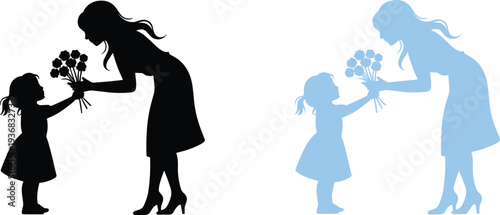 Mother and daughter silhouette with flower bouquet gift, loving family moment illustration for Mothers Day celebration, parenting affection and motherhood bond