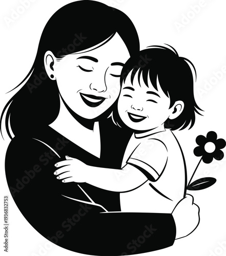 Mother hugging happy child illustration, loving mom and daughter silhouette style artwork representing family love, parenting care and motherhood bond