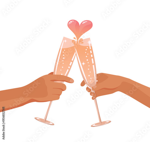 The sound of champagne glasses clinking. Glasses in a woman's and a man's hands. Clinking. Chin-chin. Vector illustration