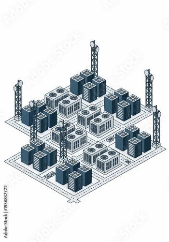Isometric illustration of industrial facilities with storage tanks and towers.